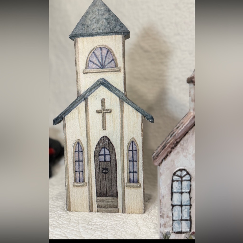 SOLD OUT‼️ Wooden Church Decor Set • Farmhouse Christmas Chapel Pair • Hand-Pain - Picture 3 of 6